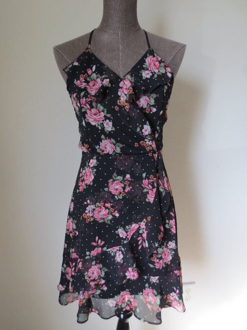 Almost Famous Floral Dress Faux Wrap Sleeveless Spaghetti Strap Sheer Overlay S